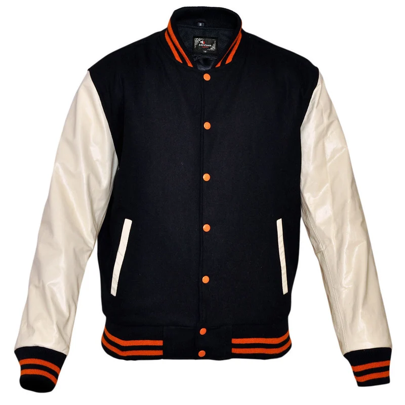 Mens Navy/White Lightweight Wool with Real Leather Premium Varsity Letterman Jacket