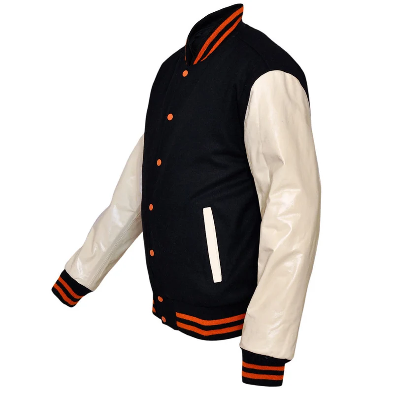 Mens Navy/White Lightweight Wool with Real Leather Premium Varsity Letterman Jacket