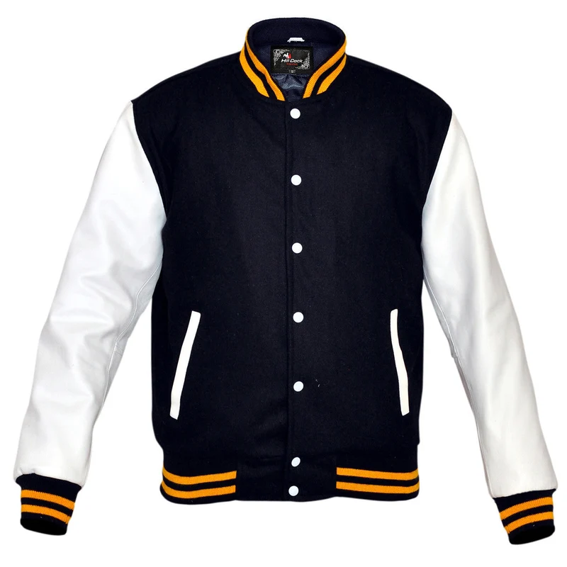 Mens Navy/White Lightweight Wool with Real Leather Premium Varsity Letterman Jacket