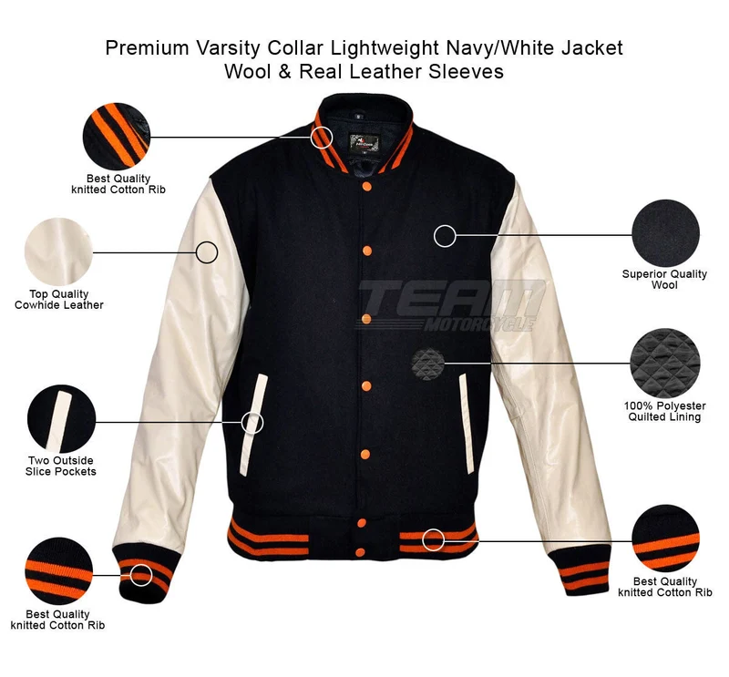 Mens Navy/White Lightweight Wool with Real Leather Premium Varsity Letterman Jacket