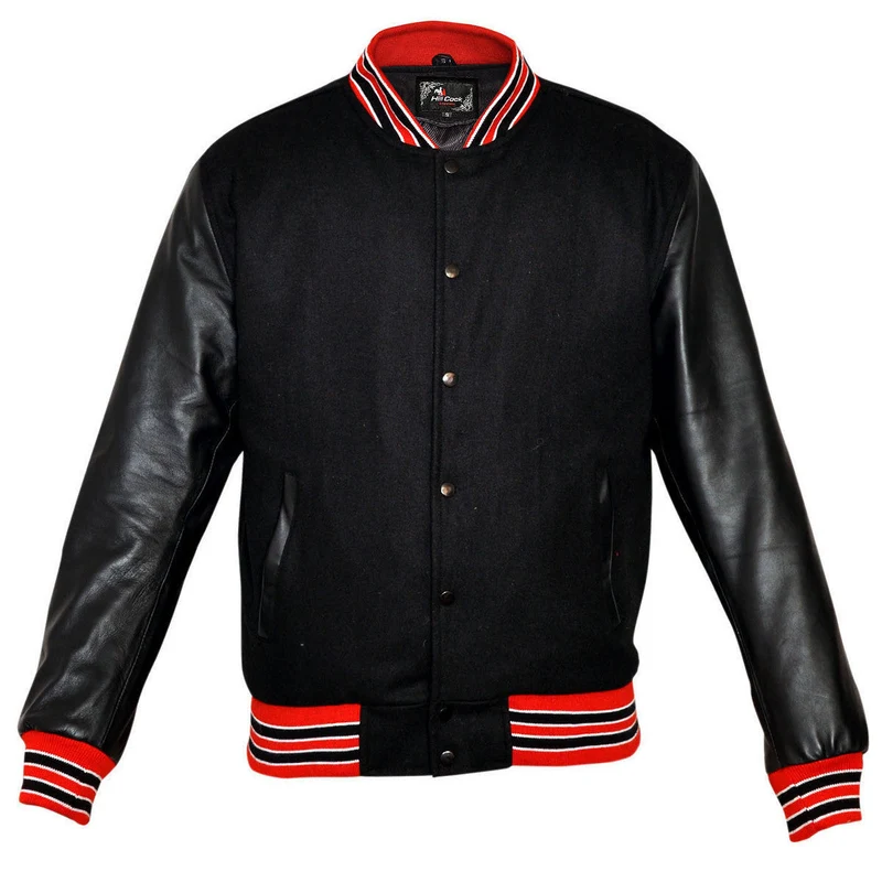 Mens Black Lightweight Wool with Real Leather Premium Varsity Letterman Jacket