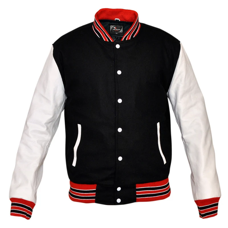 Mens Black Lightweight Wool with Real Leather Premium Varsity Letterman Jacket