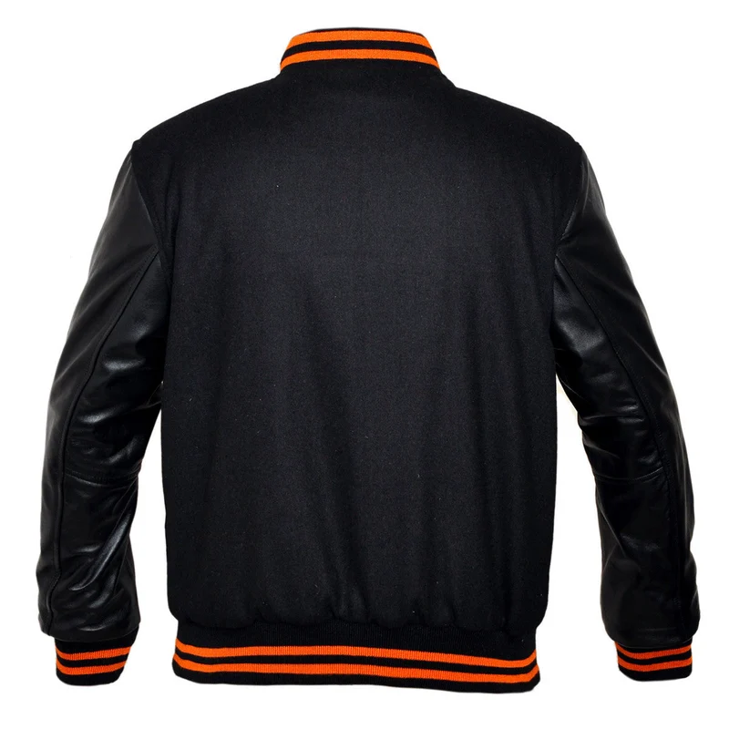 Mens Black Lightweight Wool with Real Leather Premium Varsity Letterman Jacket