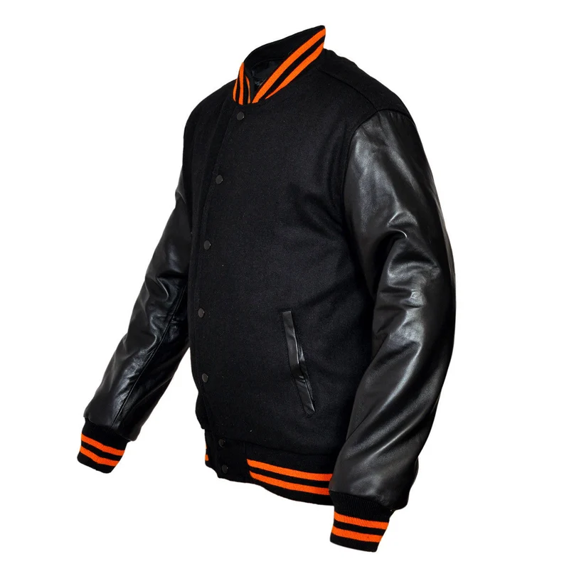Mens Black Lightweight Wool with Real Leather Premium Varsity Letterman Jacket