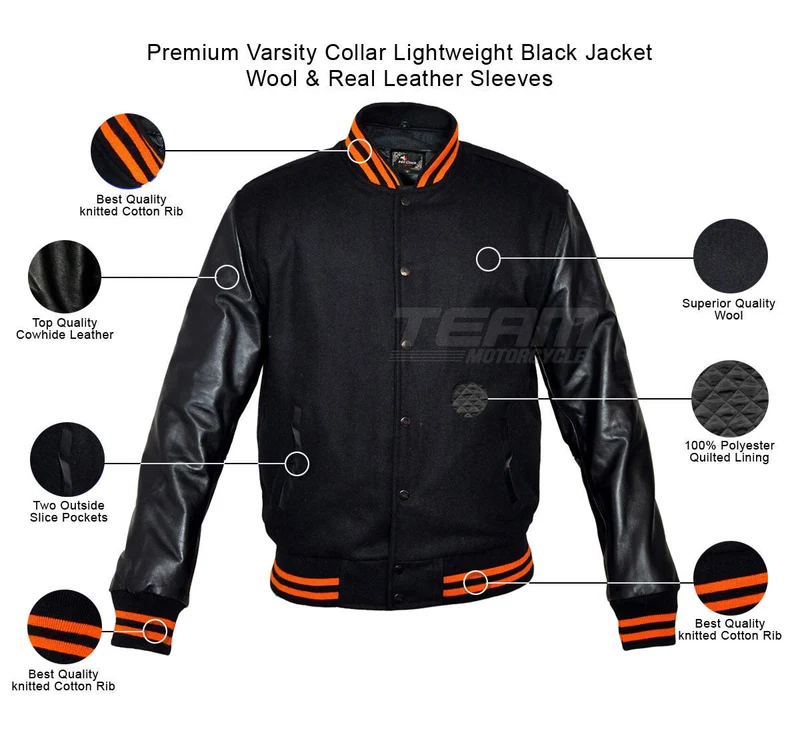 Mens Black Lightweight Wool with Real Leather Premium Varsity Letterman Jacket