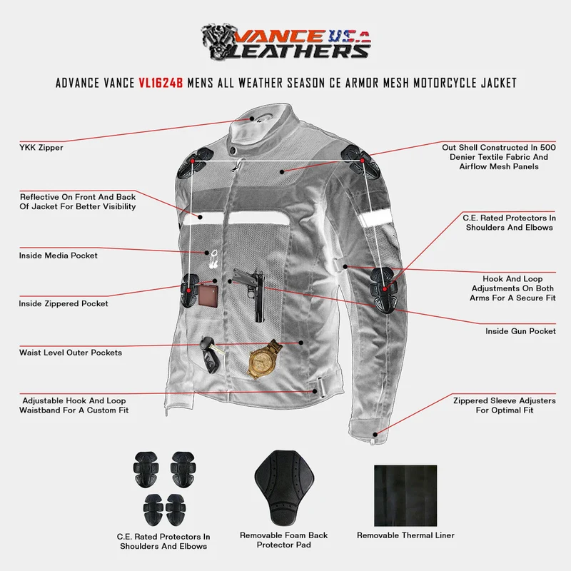 Vance Mens Black CE Armored Textile Mesh Motorcycle Jacket All Season