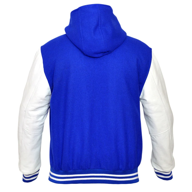 Mens Wool with Real Leather Premium Varsity Jacket with Hoodie