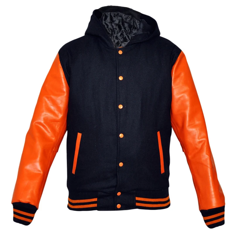 Mens Wool with Real Leather Premium Varsity Jacket with Hoodie