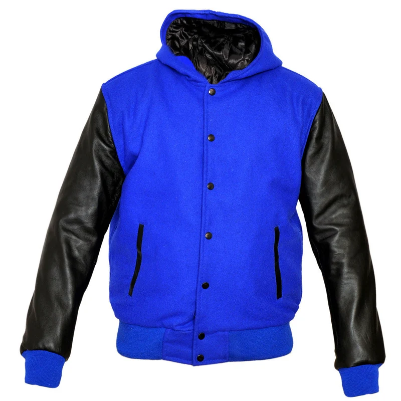 Mens Wool with Real Leather Premium Varsity Jacket with Hoodie