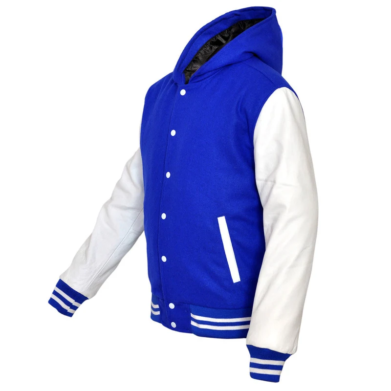 Mens Wool with Real Leather Premium Varsity Jacket with Hoodie