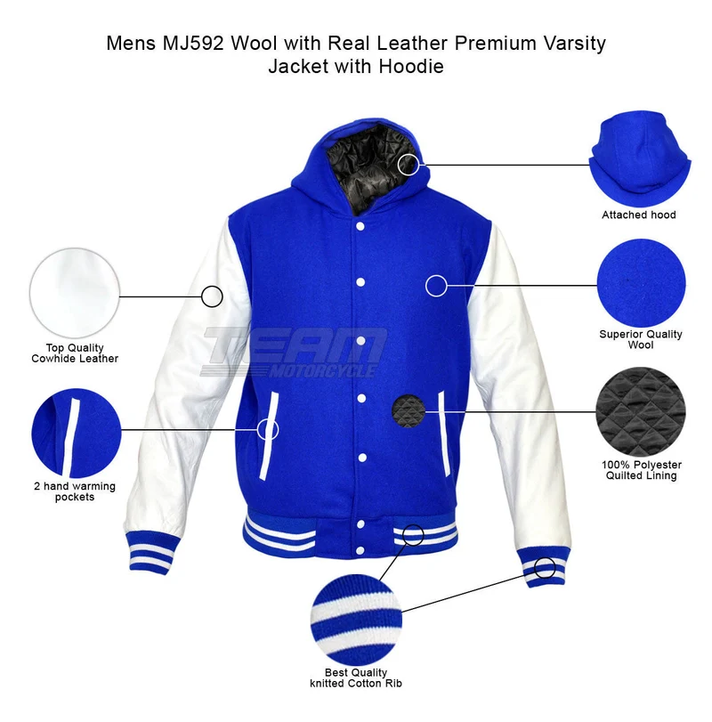 Mens Wool with Real Leather Premium Varsity Jacket with Hoodie
