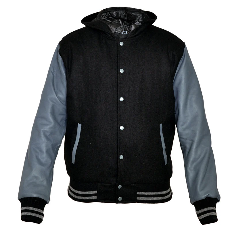 Mens MJ592B Black Wool with Real Leather Premium Varsity Jacket with Hoodie
