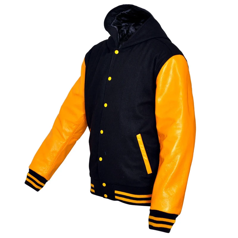 Mens MJ592B Black Wool with Real Leather Premium Varsity Jacket with Hoodie