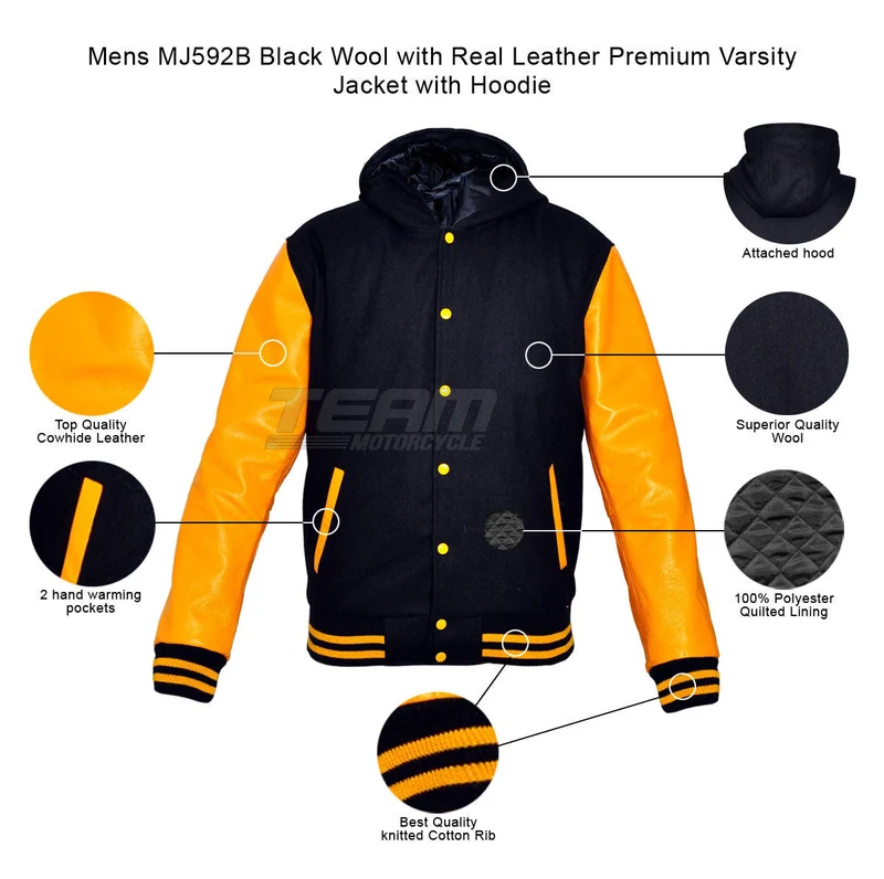 Mens MJ592B Black Wool with Real Leather Premium Varsity Jacket with Hoodie