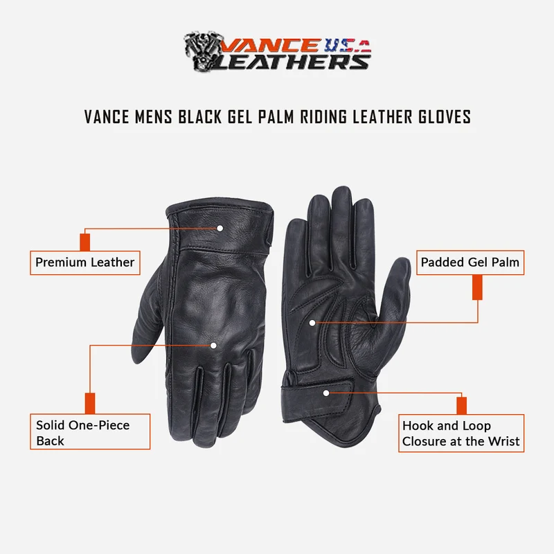 Vance Mens Black Gel Palm Riding Leather Gloves