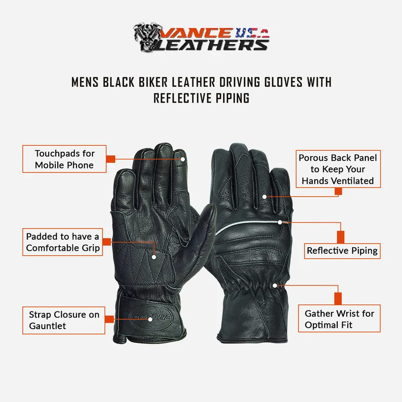 Vance VL476 Mens Black Biker Leather Driving Gloves With Reflective Piping