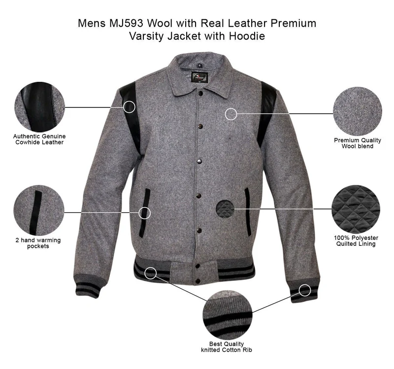 Mens MJ593 Wool with Real Leather Premium Varsity Jacket