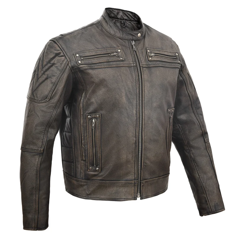 High Mileage Men's Distressed Brown Premium Cowhide Vented and Padded Biker Scooter Jacket