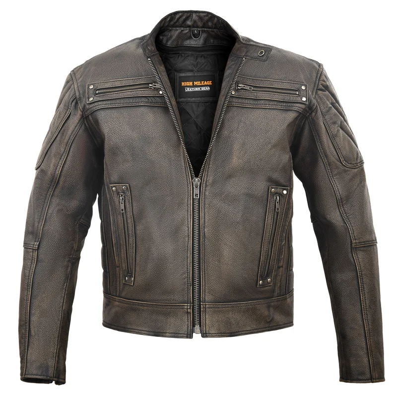 High Mileage Men's Distressed Brown Premium Cowhide Vented and Padded Biker Scooter Jacket