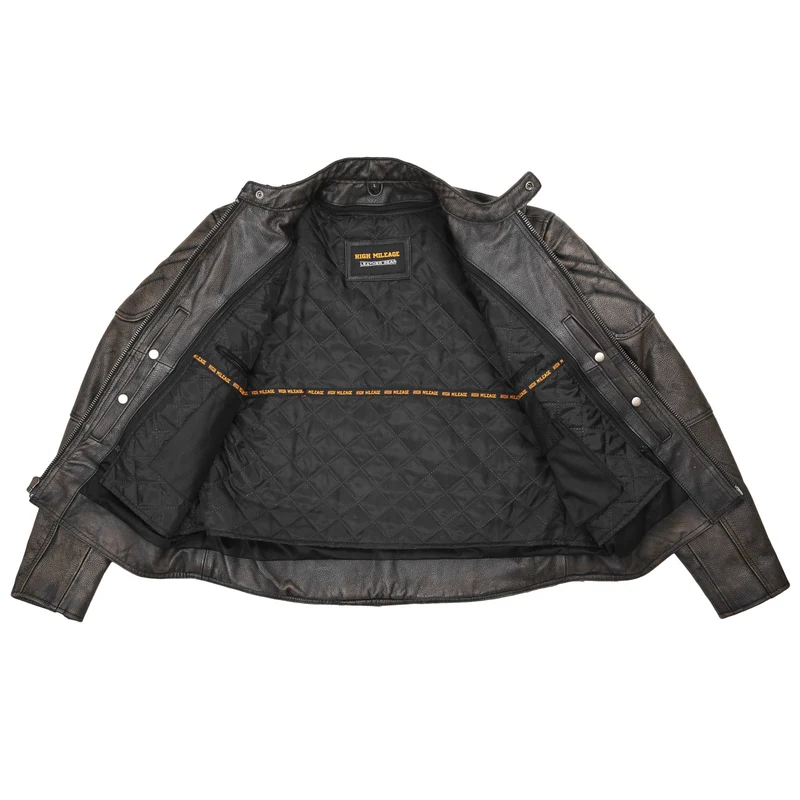High Mileage Men's Distressed Brown Premium Cowhide Vented and Padded Biker Scooter Jacket