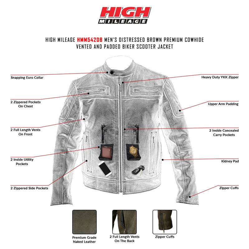 High Mileage Men's Distressed Brown Premium Cowhide Vented and Padded Biker Scooter Jacket