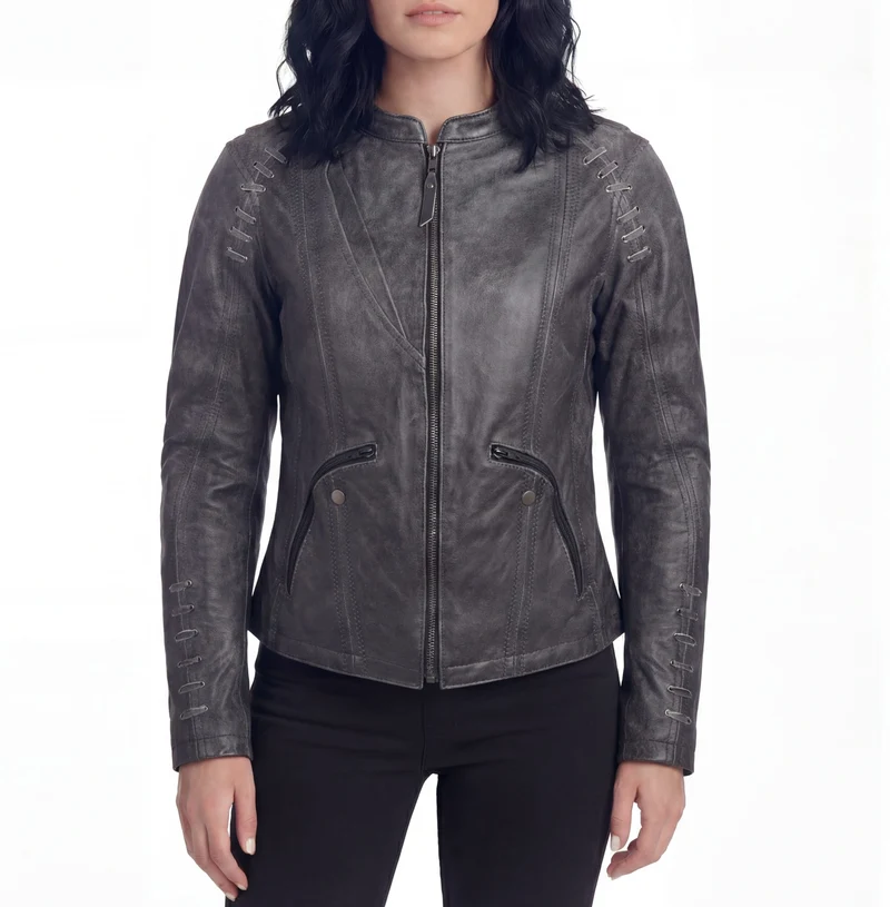 High Mileage Women's Lace and Grommet Detail Distressed Gray Goat Skin Leather Lady Biker Motorcycle Fashion Jacket