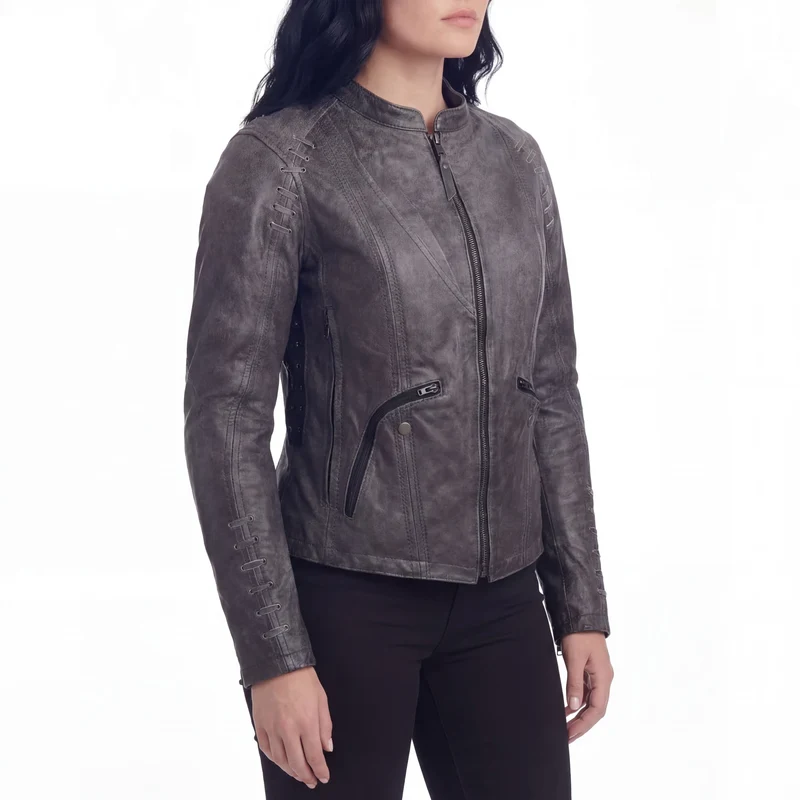 High Mileage Women's Lace and Grommet Detail Distressed Gray Goat Skin Leather Lady Biker Motorcycle Fashion Jacket