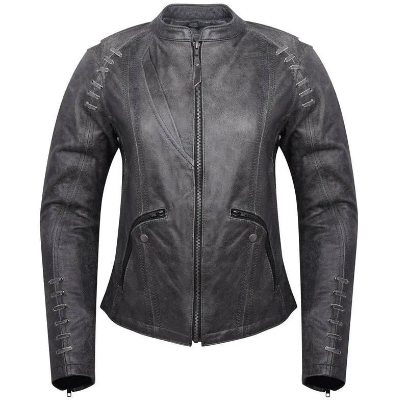 High Mileage Women's Lace and Grommet Detail Distressed Gray Goat Skin Leather Lady Biker Motorcycle Fashion Jacket