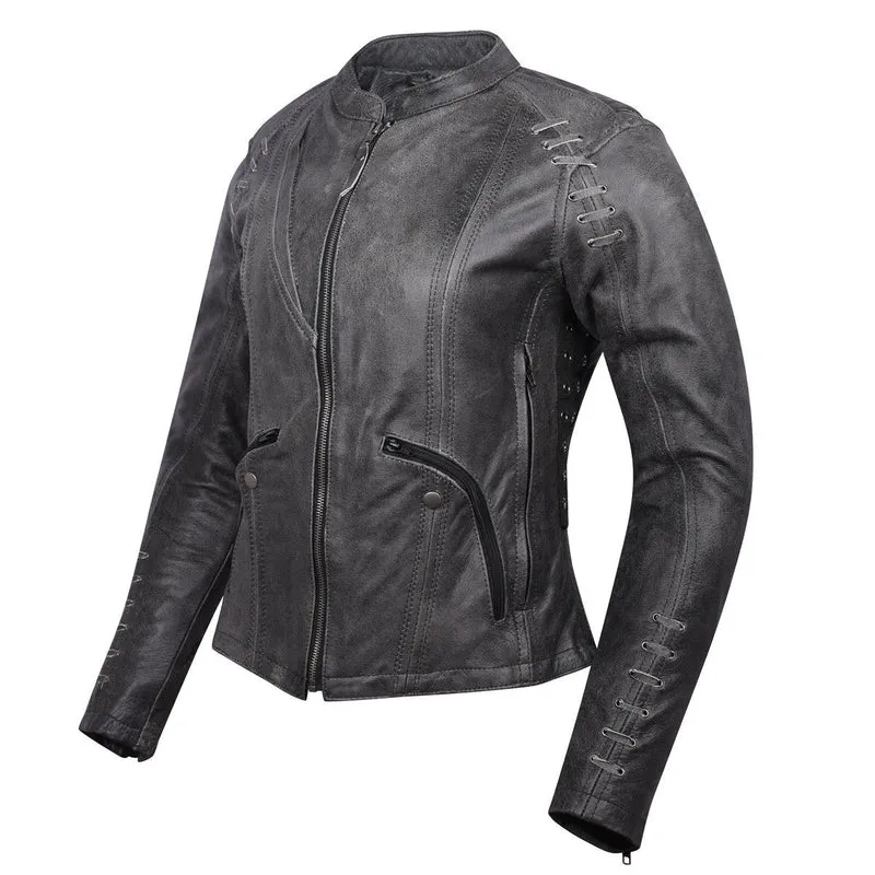 High Mileage Women's Lace and Grommet Detail Distressed Gray Goat Skin Leather Lady Biker Motorcycle Fashion Jacket