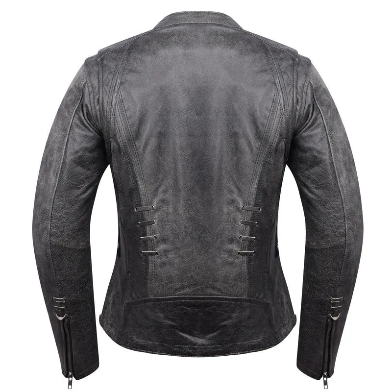 High Mileage Women's Lace and Grommet Detail Distressed Gray Goat Skin Leather Lady Biker Motorcycle Fashion Jacket