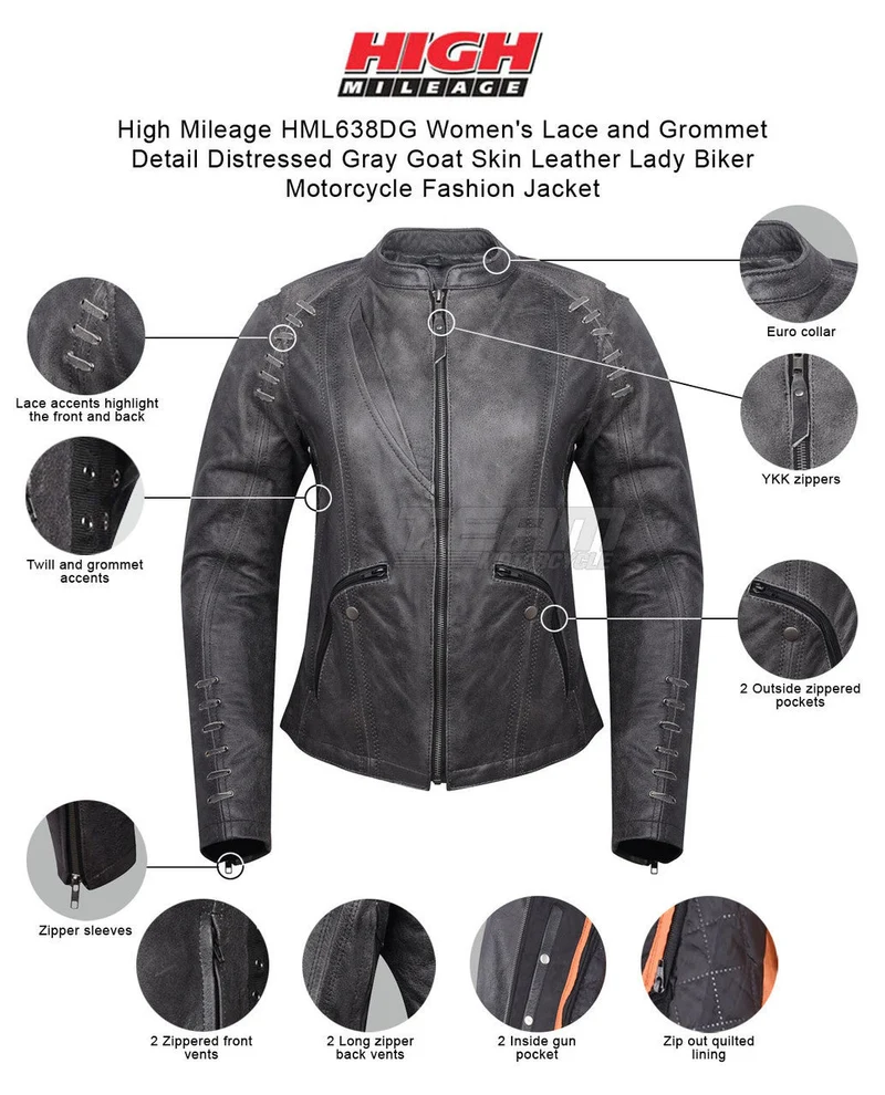 High Mileage Women's Lace and Grommet Detail Distressed Gray Goat Skin Leather Lady Biker Motorcycle Fashion Jacket