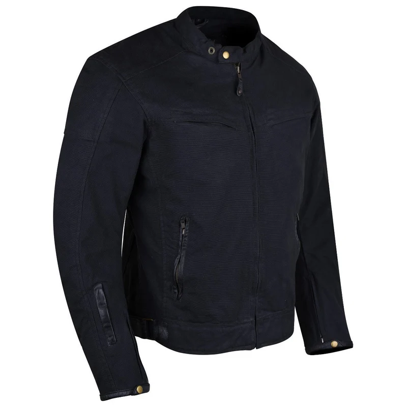 Mens Black Waxed Cotton Cafe Style Scooter Motorcycle Jacket With CE Armor