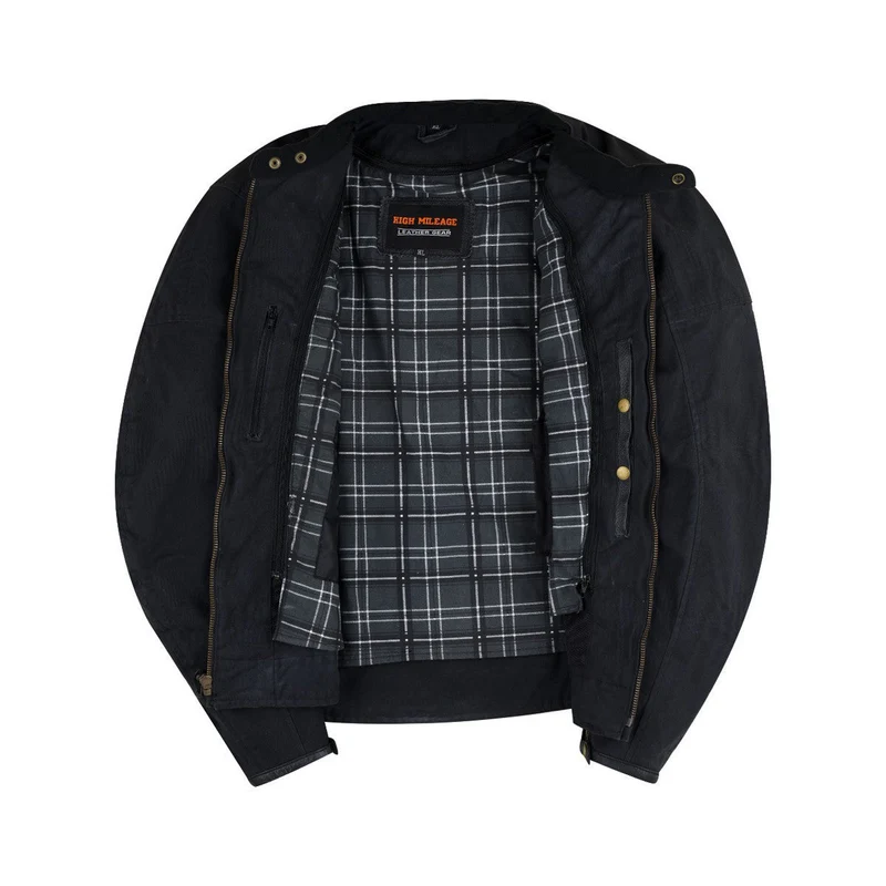 Mens Black Waxed Cotton Cafe Style Scooter Motorcycle Jacket With CE Armor