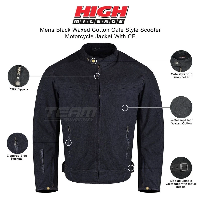 Mens Black Waxed Cotton Cafe Style Scooter Motorcycle Jacket With CE Armor