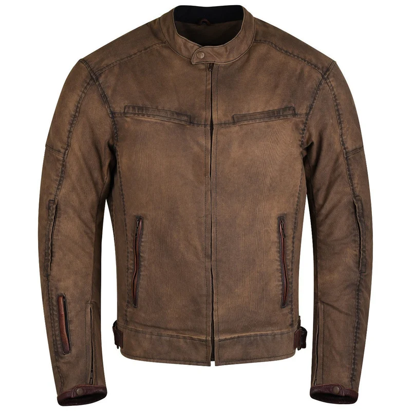 Mens Brown Waxed Cotton Cafe Style Scooter Motorcycle Jacket With CE Armor
