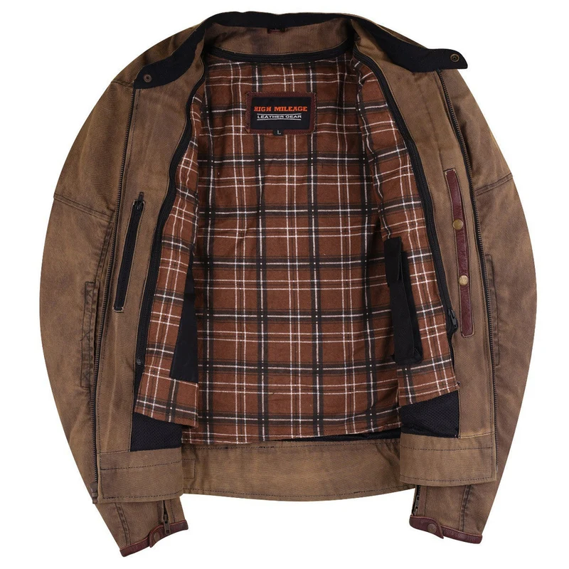 Mens Brown Waxed Cotton Cafe Style Scooter Motorcycle Jacket With CE Armor