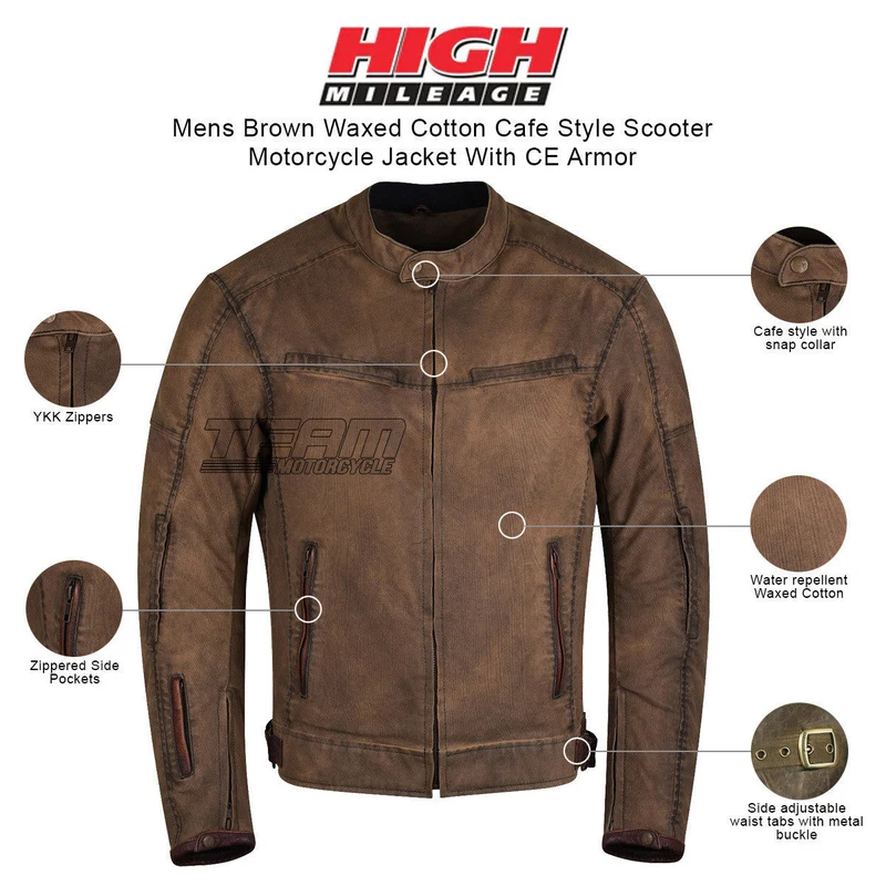 Mens Brown Waxed Cotton Cafe Style Scooter Motorcycle Jacket With CE Armor