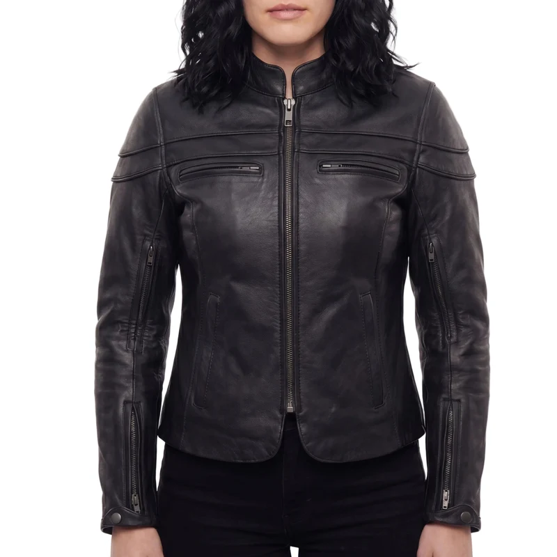 Vance Leather Womens Black Soft Cowhide Leather Sporty Scooter Crossover Biker Motorcycle Riding Jacket