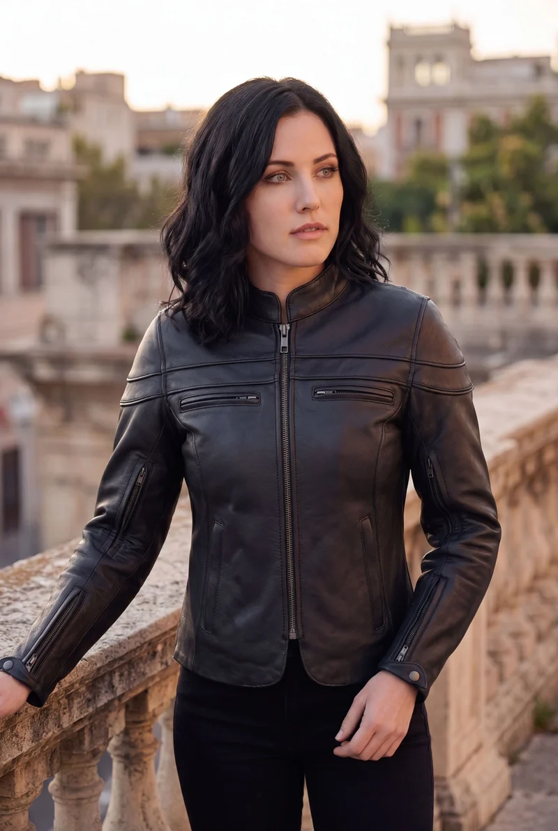 Vance Leather Womens Black Soft Cowhide Leather Sporty Scooter Crossover Biker Motorcycle Riding Jacket