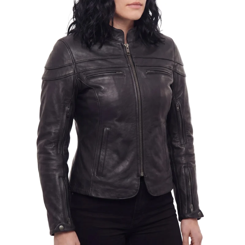 Vance Leather Womens Black Soft Cowhide Leather Sporty Scooter Crossover Biker Motorcycle Riding Jacket