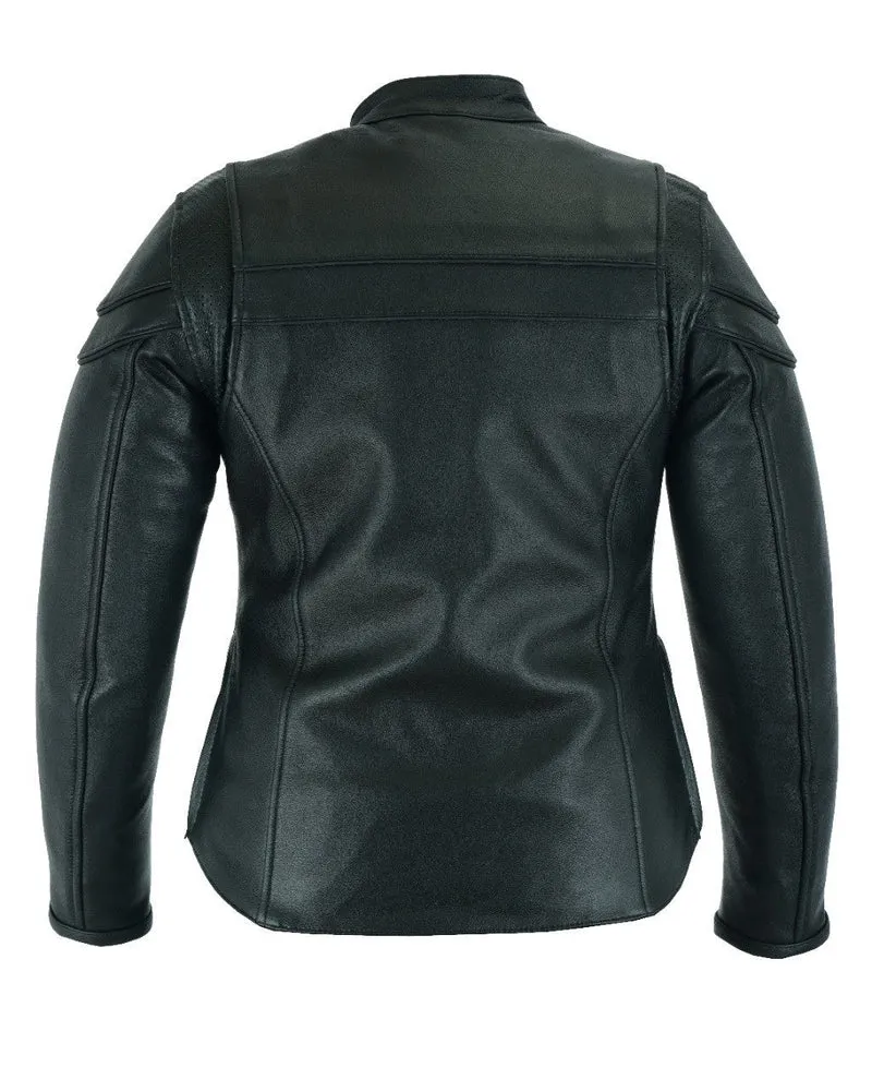 Vance Leather Womens Black Soft Cowhide Leather Sporty Scooter Crossover Biker Motorcycle Riding Jacket
