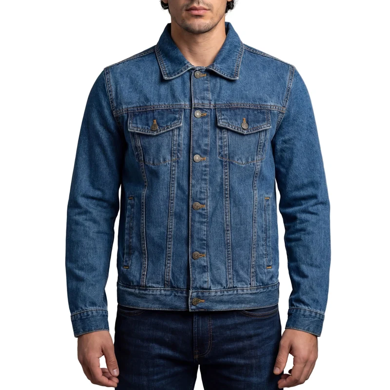 Vance Mens Blue Heavy Duty Denim Button Front Motorcycle Jacket, Jean Jacket for Men