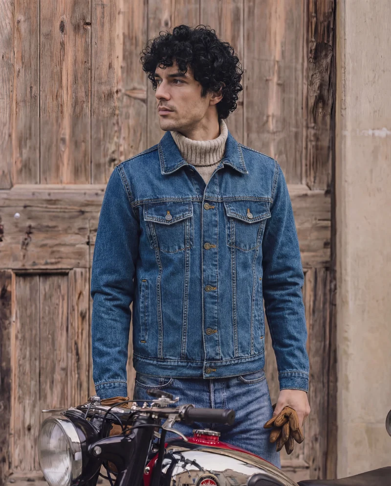 Vance Mens Blue Heavy Duty Denim Button Front Motorcycle Jacket, Jean Jacket for Men