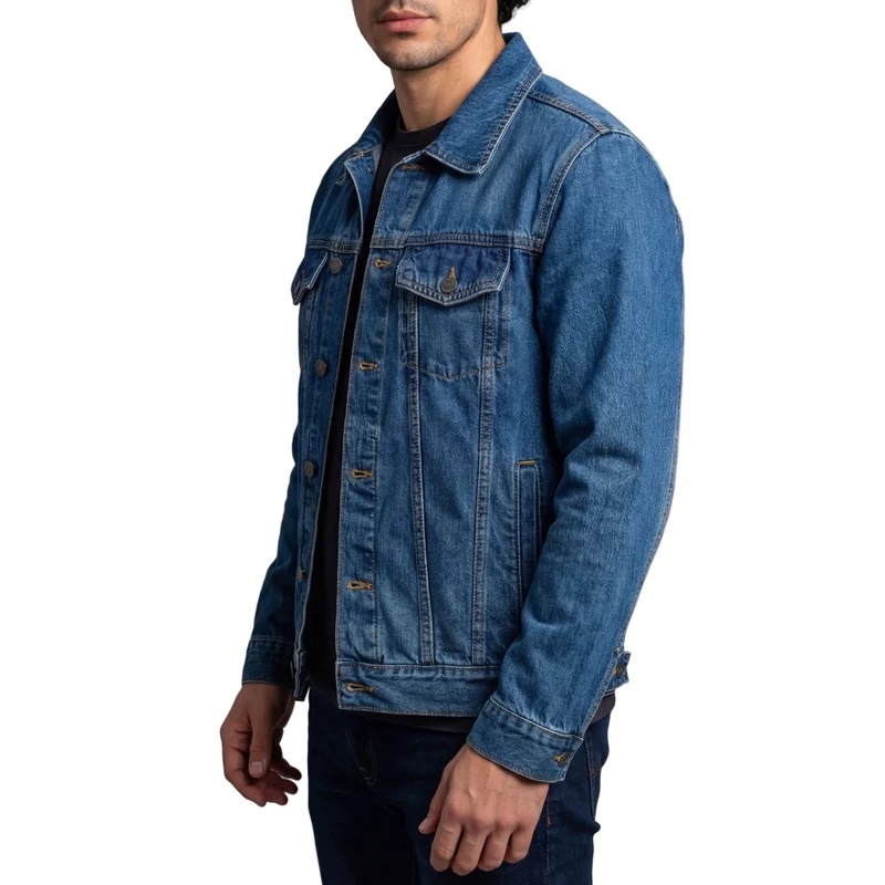 Vance Mens Blue Heavy Duty Denim Button Front Motorcycle Jacket, Jean Jacket for Men