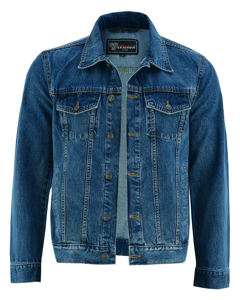 Vance Mens Blue Heavy Duty Denim Button Front Motorcycle Jacket, Jean Jacket for Men