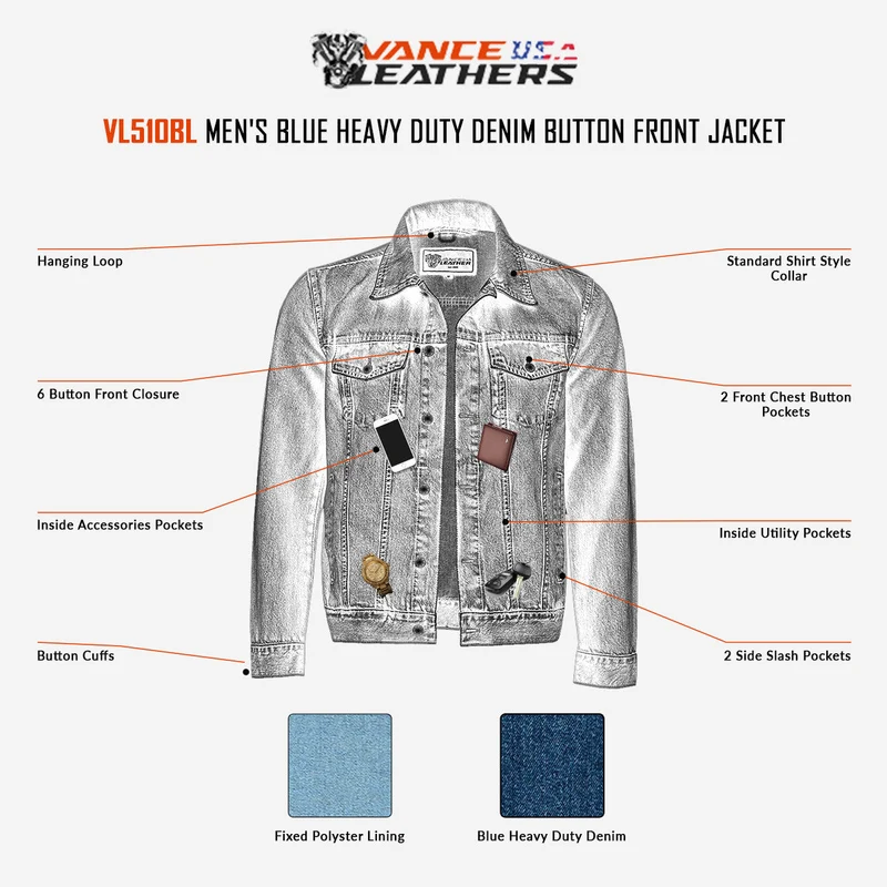 Vance Mens Blue Heavy Duty Denim Button Front Motorcycle Jacket, Jean Jacket for Men