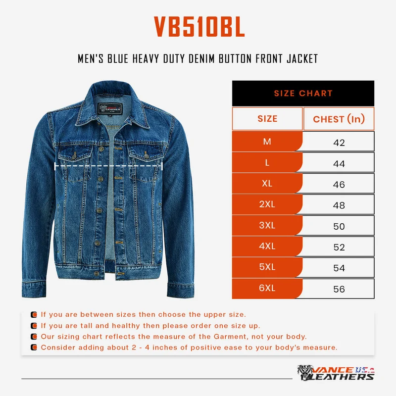 Vance Mens Blue Heavy Duty Denim Button Front Motorcycle Jacket, Jean Jacket for Men