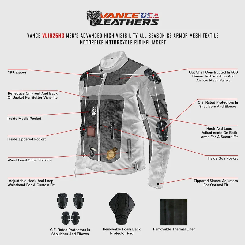 Vance Mens Advanced High Visibility All Season CE Armor Mesh Textile Motorbike Motorcycle Riding Jacket