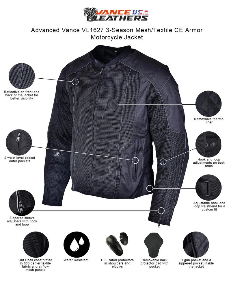 Vance Men's 3-Season Mesh/Textile CE Armor Motorcycle Jacket