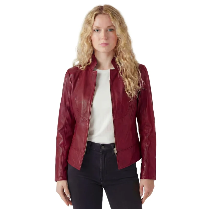 Vance Leathers Ladies Premium Soft Lightweight Burgundy Fitted Motorcycle Leather Jacket